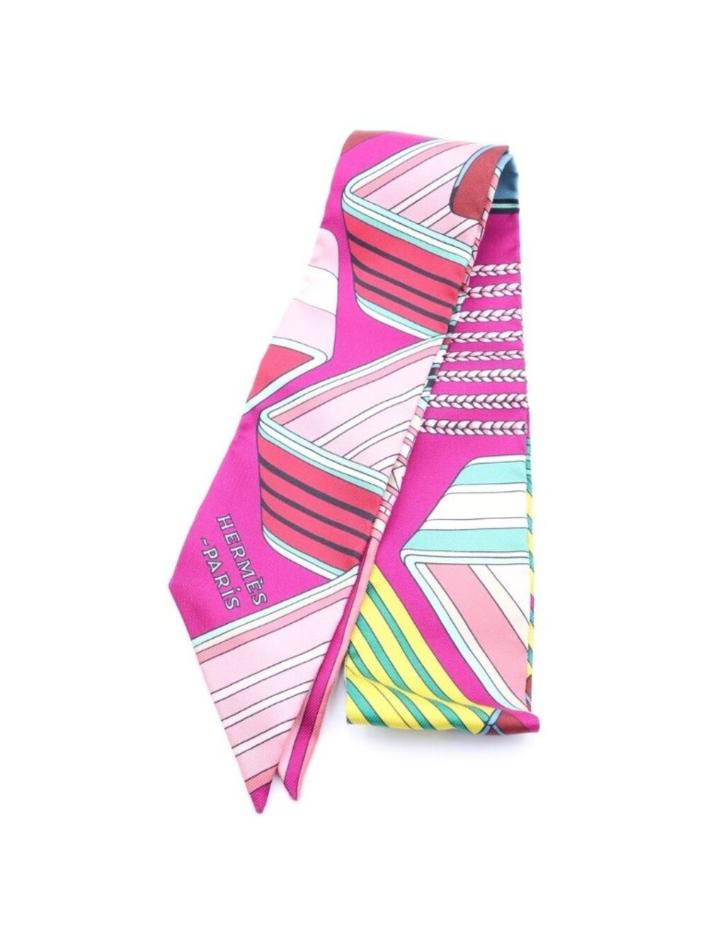 Hermes Twilly Zigzag Sangles Silk Scarf Multicolor Fuchsia Vert Jaune